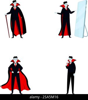 Set aus vier stilvollen Vampirillustrationen in verschiedenen Posen, perfekt für Hallowethed-Designs. Verschiedene Vampirfiguren-Kollektion Stock Vektor