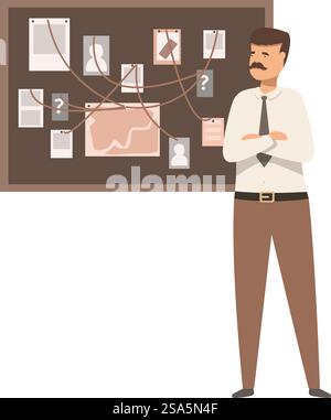 Detective denkt über eine Beweisstelle nach, sucht Verbindungen und Erkenntnisse, um einen Fall zu lösen. Nachdenklicher Detective, der Beweismaterial mit roter Schnur analysiert Stock Vektor