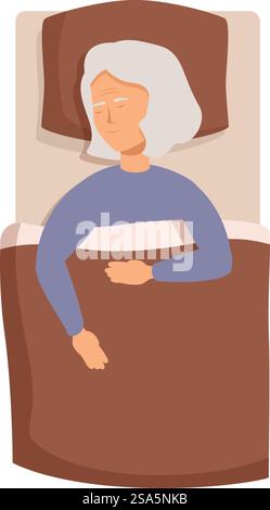 Ältere Frau genießt einen erholsamen Schlaf und betont die Bedeutung des Schlafes für die Gesundheit und das Wohlbefinden der Senioren. Ältere Frau, die friedlich im Bett mit brauner Decke schläft Stock Vektor