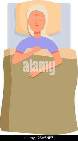Seniorin ruht im Bett mit Decke und genießt einen friedlichen Schlaf. Ältere Frau, die friedlich im Bett mit Decke schläft Stock Vektor
