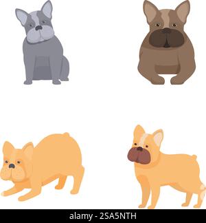 Sammlung von vier bezaubernden französischen Bulldoggen-Illustrationen in verschiedenen Posen, perfekt für gestreifte Designs. Set süßer französischer Bulldoggen Stock Vektor