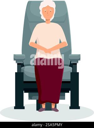 Ältere Frau mit grauen Haaren und rotem Rock, die sich in einem modernen Sessel entspannt. Ältere Frau, die bequem in einem modernen Sessel sitzt Stock Vektor