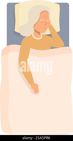 Eine ältere Frau schläft ruhig in ihrem Bett und genießt eine friedliche Nacht. Ältere Frau, die zu Hause friedlich im Bett schläft Stock Vektor