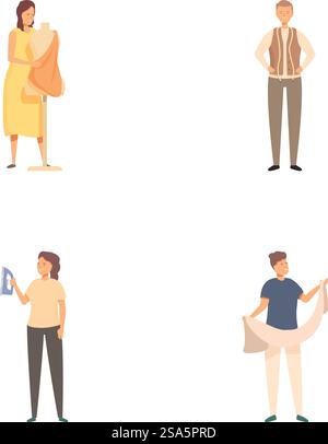 Sammlung von vier Illustrationen, die Personen zeigen, die an verschiedenen täglichen Aufgaben beteiligt sind. Gruppe verschiedener Personen, die tägliche Aktivitäten ausführen Stock Vektor