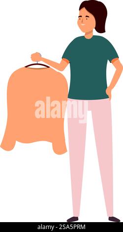 Lächelnde Frau hält einen Kleiderbügel mit Hemd, Wäscheservice-Konzept. Frau, die einen Kleiderbügel mit Hemd hält, Wäscheservice-Konzept Stock Vektor