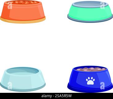 Sammlung von leeren und vollen Tiernahrungsschalen isoliert auf weißem Hintergrund. Verschiedene Schüsseln für Haustierfutter Stock Vektor
