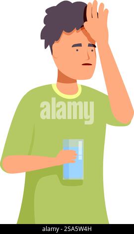 Der junge Mann fühlt sich unwohl, hält seinen Kopf und ein Glas Wasser. Junger Mann mit Kopfschmerzen, der ein Glas Wasser hält Stock Vektor