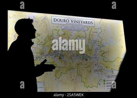 Reiseleiter, der Weinberge entlang des Flusses Douro mit einer Karte der Weinberge von Douro während der Tour durch die Hafenhütte von Grahams präsentiert. Porto.Portugal Stockfoto