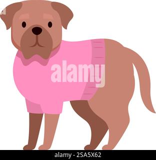 Illustration mit einem braunen Hund, der einen rosafarbenen Strickpullover trägt, perfekt für Projekte im Zusammenhang mit Haustieren, Kleidung und Winter. Brauner Hund mit rosa Pullover, der auf weißem Hintergrund steht Stock Vektor