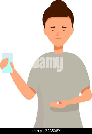 Die junge Frau hält ein Glas Wasser und eine Pille in der Hand und bereitet sich auf die Einnahme ihrer Medikamente vor. Eine junge Frau, die Pillen mit Wasser nimmt Stock Vektor
