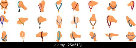 Gebetsperlen-Symbole gesetzt. Set aus verschiedenen Händen, die Gebetskegeln sanft halten und manipulieren, um die verschiedenen Wege zu verdeutlichen, wie Menschen Frieden und spirituelle Verbindung finden. Gebetsperlen-Symbole gesetzt. Menschliche Hände verwenden religiöses Symbol für Gebetsmeditation oder Zählen Stock Vektor