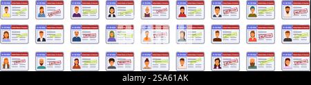 h1b-Symbole eingestellt. Abbildung mit einer Sammlung von Visa-Karten der vereinigten staaten, von denen einige als genehmigt und andere als abgelehnt markiert sind, symbolisiert die Komplexität der Einwanderung. h1b-Symbole eingestellt. Viele US-Visakarten mit genehmigtem und abgelehntem Status zeigen Einwanderungsprobleme auf Stock Vektor