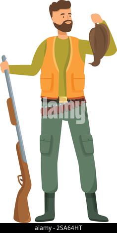 Hunter trägt eine orange Weste mit Gewehr und zeigt eine wilde Ententrophäe. Hunter hält ein Gewehr und zeigt eine wilde Ententrophäe Stock Vektor