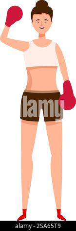 Eine Boxerin mit Boxhandschuhen hebt den Arm im Siegeszeichen. Die Boxerin feiert ihren Sieg nach einem Boxkampf Stock Vektor