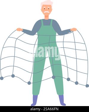 Senior Fischer mit Fischernetz, Angelhobbys, älterer Mann im Ruhestand. Ein älterer Fischer hält ein Fischernetz in der Hand, bereit für einen Tag auf dem Wasser Stock Vektor