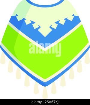 Grüner und blauer Poncho mit weißer Besatz, traditionellen lateinamerikanischen Mustern und Quasten, perfekt für Mode- und Kulturprojekte. Grüner und blauer Poncho mit weißem Besatz und Quasten für lateinamerikanische Kleidung Stock Vektor