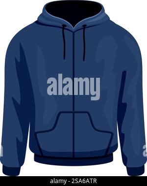 Dunkelblaues Hoodie-Sweatshirt mit Reißverschluss und Tasche, perfekt für Freizeit- oder Sportbekleidung. Dunkelblaues Hoodie-Sweatshirt mit Reißverschluss und Tasche in modernem Design Stock Vektor