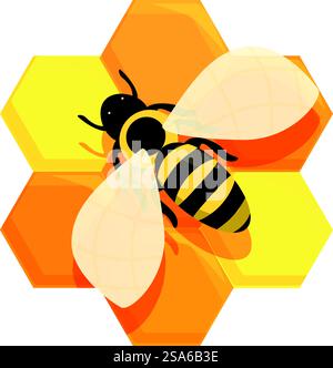 Cartoon Biene fliegt über eine Wabenstruktur und produziert gesunden Bio-Honig. Biene fliegt über Wabenstruktur, gesunde Bio-Honigproduktion Stock Vektor