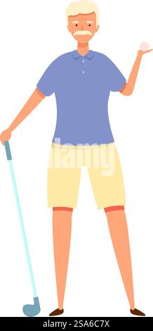 Senior-Golfspieler, der Golfschläger und -Ball auf weißem Hintergrund hält. Ein älterer Mann, der Golf spielt, hält einen Schläger und einen Ball Stock Vektor