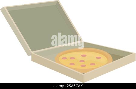 Leckere Pizza mit Belag in einem teilweise offenen Karton zum Mitnehmen oder zum Mitnehmen. Pizzakarton aus Pappe wird geöffnet und zeigt darin Pizza Stock Vektor