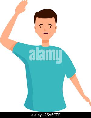 Junger Mann, der mit der Hand winkt, grüßt und Hallo-Illustration sagt. Der junge Mann winkt mit einem Lächeln im Gesicht Stock Vektor