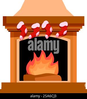 Warmer Kamin mit weihnachtsstrümpfen, die eine gemütliche und festliche Atmosphäre schaffen. Kamin brennt mit weihnachtsstrümpfen hängen, gemütliche Inneneinrichtung Stock Vektor