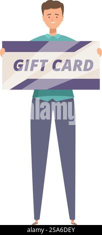 Glücklicher Mann, der einen Geschenkgutschein hält, der Kundenloyalprogramme und Prämien fördert. Mann mit Geschenkgutschein, der die Vorteile des Kundenbindeprogramms anzeigt Stock Vektor