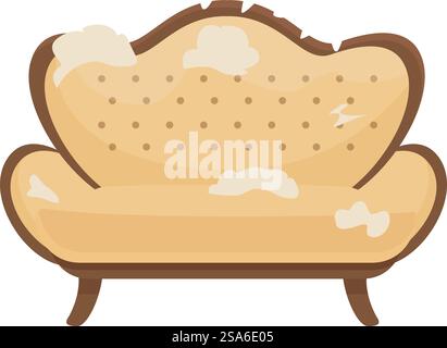 Altes, beschädigtes Sofa mit zerrissener Polsterung, Flecken, Kratzern und Flecken, die repariert oder gereinigt werden müssen. Altes, beschädigtes Sofa mit zerrissener Polsterung auf weißem Hintergrund Stock Vektor