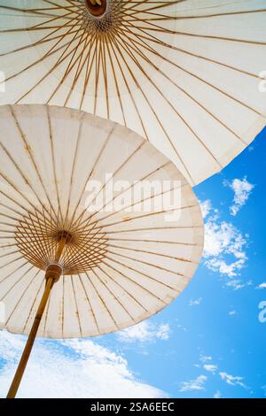 Nahaufnahme von weißen Sonnenschirmen Stockfoto
