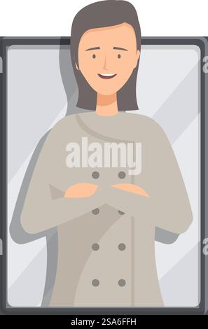 Die Küchenchefin lächelt in einer Küche, stolz auf ihre Arbeit und bereit für den Service. Lächelnde, selbstbewusste Chefkochin posiert mit gefalteten Armen vor dem Spiegel Stock Vektor