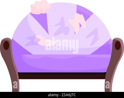 Altes Sofa mit zerrissener Polsterung in violetter Farbe wartet auf Restaurierung in der Möbelwerkstatt. Altes Sofa mit zerrissener Polsterung wartet auf Restaurierung in der Werkstatt Stock Vektor
