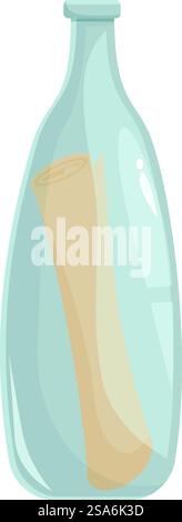 Glasflasche mit einem aufgerollten Papierschild darin. Die Nachricht in einer Flasche hält ein Geheimnis darin Stock Vektor