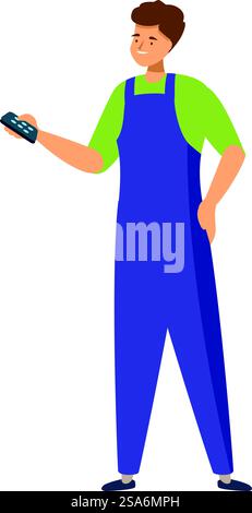 Der Handwerker hält eine Fernbedienung und steuert möglicherweise intelligente Haushaltsgeräte. Servicemitarbeiter mit Fernbedienung, der intelligente Haushaltsgeräte bedient Stock Vektor