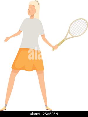 Junge Frau, die Tennisschläger hält und sich darauf vorbereitet, den Ball während des Spiels zu schlagen. Weibliche Athletin, die Tennis spielt und den Ball serviert Stock Vektor