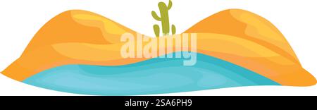 Wüstenoase mit Kakteen, die auf Sanddünen wachsen, die ein kleines Gewässer umgeben. Illustration einer Wüstenlandschaft mit einer Oase Stock Vektor