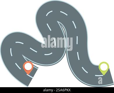 Eine kurvenreiche Straße verbindet zwei Punkte auf einer Karte, die eine Reise oder einen Pfad darstellen, der zu folgen ist. Kurvenreiche Straße, die zwei Punkte mit Positionierungsstiften verbindet, die Start und Ziel markieren Stock Vektor