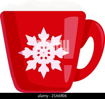 Roter weihnachtsbecher mit Schneeflocke gefüllt mit heißer Schokolade und mit Schlagsahne belegt. Roter weihnachtsbecher mit Schneeflocke auf weißem Hintergrund Stock Vektor
