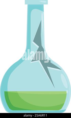 Cartoon-Illustration eines kaputten Laborkolbens mit grüner Flüssigkeit. Der mit grüner Flüssigkeit gefüllte Chemikalienkolben ist gebrochen Stock Vektor