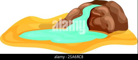 Illustration mit einem kleinen Wasserfall, der aus Steinen fließt und einen Teich im trockenen Wüstensand bildet. Kleiner Wasserfall, der aus Steinen fließt und einen Teich in Wüstensand bildet Stock Vektor