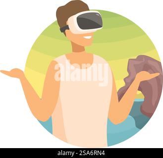 Lächelnder Mann, der virtuelle Realität mit vr-Headset erlebt und mit einer virtuellen Küstenlandschaft interagiert. Junger Mann, der virtuelle Landschaften mit einer vr-Brille erkundet Stock Vektor