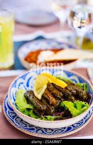 Traditionelle türkische Vorspeise gefüllte Traubenblätter werden im Restaurant serviert Stockfoto