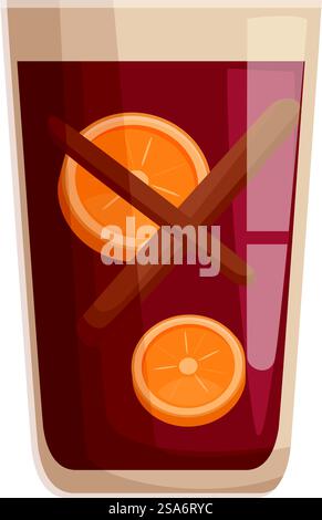 Ein Glas Glühwein mit Zimtstangen und Orangenscheiben, perfekt für einen gemütlichen Winterabend. Aromatischer Glühwein bereitet sich mit Gewürzen und Orangenscheiben vor Stock Vektor