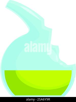 Bild im Cartoon-Stil eines zerbrochenen Chemiekolbens mit hellgrüner Flüssigkeit. Zerbrochene Chemiekolben mit grüner chemischer Versuchsflüssigkeit Stock Vektor