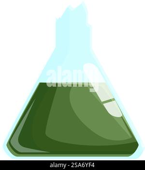 Gebrochene konische Flasche mit grüner Flüssigkeit, was auf ein gescheitertes wissenschaftliches Experiment hindeutet. Gebrochener konischer Kolben mit grüner Flüssigkeit für ein Experiment Stock Vektor