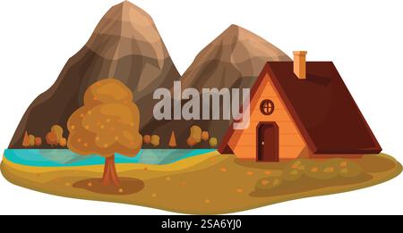 Kleines Holzhaus am Flussufer in der Nähe der Berge am Herbsttag. Gemütliche Wohnung mit Schornstein umgeben von herbstlicher Natur Stock Vektor