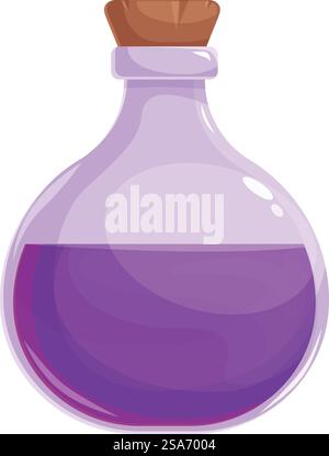 Illustration eines runden Glaskolbens mit leuchtendem lila Trank mit Korkstopfen, isoliert auf weiß. Runder Glaskolben mit leuchtendem violettem Trank mit Korkstopfen Stock Vektor