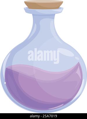 Runder Glaskolben mit violettem Flüssigkeittrunk mit Kork. Der runde Glaskolben ist mit violettem Flüssigkeittrunk gefüllt Stock Vektor