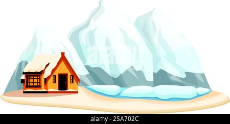 Idyllische Winterszene mit gemütlichem Holzhaus, eingebettet in schneebedeckte Berge und einen gefrorenen See, perfekt für Winter- und Urlaubsthemen. Kleines Holzhaus eingebettet in verschneite Berge mit gefrorenem See Stock Vektor
