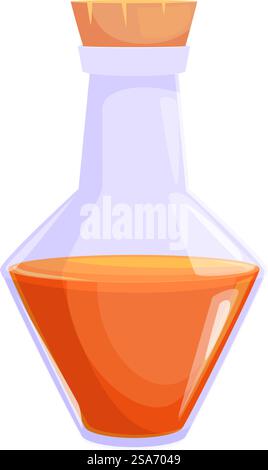 Die Glastränkflasche mit einem Korkstopfen ist mit einer mysteriösen orangen Flüssigkeit gefüllt. Trinkflasche aus Glas mit orangefarbener Flüssigkeit und Korkstopfen Stock Vektor