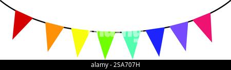Vor einem weißen Hintergrund hängen bunte Dreiecksfahnen. Farbenfrohe Dreiecksfahnen, die an der Schnur hängen, feiern besondere Anlässe Stock Vektor